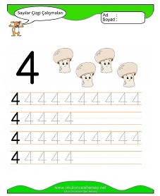 4 Rakamı Çizgi Çalışmaları Çalışma Sayfaları